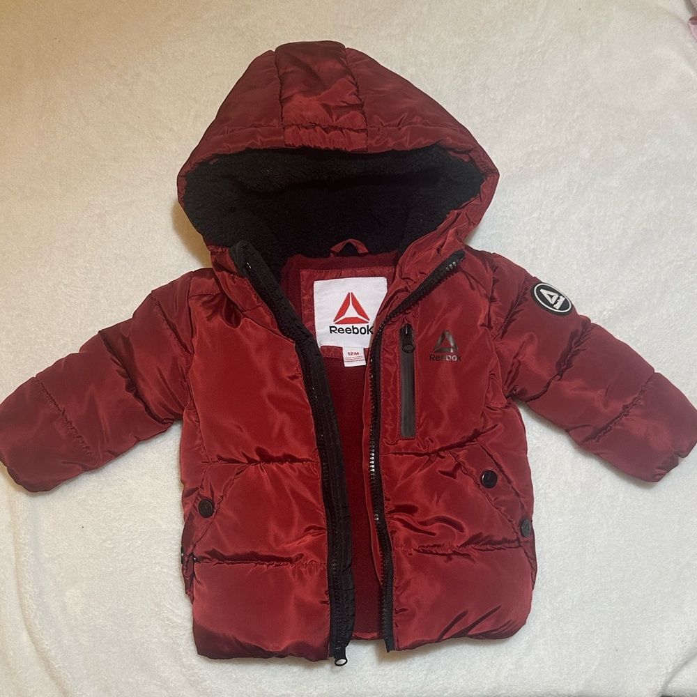 EUC Reebok Red fleece lined Puffer Jacket with Hood size 12 months
